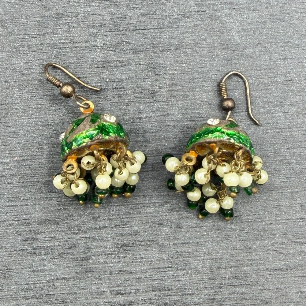 Green Enamel Rhinestone Beaded Dangle Earrings Boho Cluster Drop Pierced Hooks
